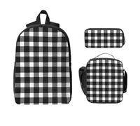 Ensemble de 3 sacs à dos à carreaux noirs et blancs pour filles et garçons avec sac à déjeuner, trousse à crayons, grille vintage, sac d'école isotherme, cadeau pour homme et femme