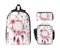 Ensemble de 3 sacs à dos à fleurs attrape-rêves pour filles et garçons avec sac à déjeuner, trousse à crayons et plumes de style bohème isotherme, cadeau pour homme et femme