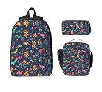 Ensemble de 3 sacs à dos à motif de fleurs de dinosaure pour filles et garçons avec sac à déjeuner, trousse à crayons, feuilles de forêt, sac d'école isotherme, cadeau pour homme et femme