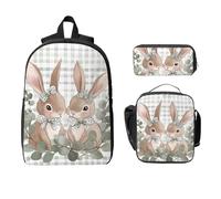 Ensemble de 3 sacs à dos à motif de lapin à pois pour filles et garçons avec sac à déjeuner, trousse à crayons, lapin mignon, sac d'école, boîte à déjeuner isotherme, cadeaux pour femmes et hommes