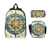 Ensemble de 3 sacs à dos avec boussole nautique pour filles et garçons avec sac à déjeuner, trousse à crayons, étoile de mer rétro, sac d'école, boîte à déjeuner isotherme, cadeau pour homme et femme
