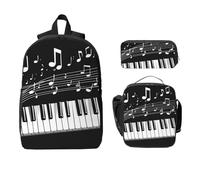 Ensemble de 3 sacs à dos avec clavier de piano pour filles et garçons avec sac à déjeuner, trousse à crayons, notes de musique, sac d'école, boîte à déjeuner isotherme, cadeau pour homme et femme