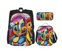 Ensemble de 3 sacs à dos avec sac à déjeuner et trousse à crayons imprimés de touches de piano avec notes de musique imprimées pour adolescents, filles, garçons, Style graffiti musical, taille unique