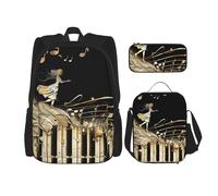Ensemble de 3 sacs à dos avec sac à déjeuner et trousse à crayons imprimés de touches de piano avec notes de musique imprimées pour adolescents, filles, garçons, Note de musique, Taille unique, Sacs à