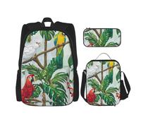Ensemble de 3 sacs à dos avec sac à déjeuner et trousse à crayons imprimés de touches de piano avec notes de musique imprimées pour adolescents, filles, garçons, Oiseaux perroquets et arbre tropical