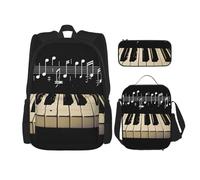 Ensemble de 3 sacs à dos avec sac à déjeuner et trousse à crayons imprimés de touches de piano avec notes de musique imprimées pour adolescents, filles, garçons, Touches de piano avec note de musique