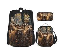 Ensemble de 3 sacs à dos avec sac à déjeuner et trousse à crayons imprimés de touches de piano avec notes de musique imprimées pour adolescents, filles, garçons, Cerfs sauvages naturels, Taille unique