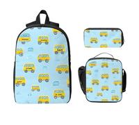 Ensemble de 3 sacs à dos avec sac à déjeuner et trousse à crayons motif bus de dessin animé pour filles et garçons - Motif voiture mignonne - Sac d'école isotherme - Cadeau pour homme et femme