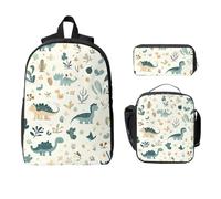 Ensemble de 3 sacs à dos avec sac à déjeuner et trousse à crayons - Motif feuilles de dinosaures - Sac d'école isotherme - Cadeau pour homme et femme