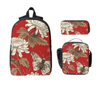 Ensemble de 3 sacs à dos avec sac à déjeuner, trousse à crayons, sac d'école, boîte à déjeuner isotherme, cadeau pour homme et femme Motif papillon chrysanthème