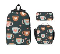 Ensemble de 3 sacs à dos avec tasse à café pour filles et garçons avec sac à déjeuner, trousse à crayons, motif cœur d'amour - Boîte à déjeuner isotherme - Cadeau pour homme et femme
