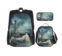 Ensemble de 3 sacs à dos Blue Sea Of Storm Beacon Lighthouse Under Dramatic Dark Sky At Night Book Bag Travel Camping Work School Bag Trousse à crayons Combinaison de sac à lunch pour hommes femmes