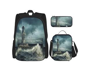 Ensemble de 3 sacs à dos Blue Sea Of Storm Beacon Lighthouse Under Dramatic Dark Sky At Night Book Bag Travel Camping Work School Bag Trousse à crayons Combinaison de sac à lunch pour hommes femmes