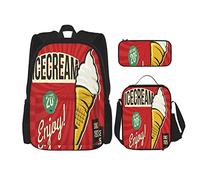 Ensemble de 3 sacs à dos Brown Ice Enjoy Retro Metal Icecream Vintage Drawn Cream Pink Price Années 1950 Années 1960 Ball Best Food Hand Book Bag Travel Work School Bag Trousse à crayons Sac à lunch
