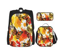 Ensemble de 3 sacs à dos ButterflyDecoration Rouge-Jaune Chrysanthème Thème Orange Papillon Cartable Voyage Travail Sac D'école Trousse Sac À Lunch Combinaison Pour Hommes Femmes Garçons Filles Tail