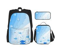 Ensemble de 3 sacs à dos Composition sous-marine vive abstraite avec des vagues, des bulles, des poissons et des plantes, un sac de voyage, un sac d'école, une trousse à crayons, une combinaison de