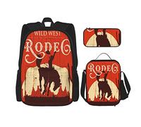 Ensemble de 3 sacs à dos Cowboy Horse Sunset Saguaro Desert Wild West Rodeo Vintage Panneau en bois Impression Livre Sac Voyage Travail Sac d'école Trousse Sac à lunch Combinaison pour hommes femmes