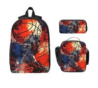 Ensemble de 3 sacs à dos de basket-ball vintage pour filles et garçons avec sac à déjeuner, trousse à crayons, ballon de sport, sacs d'école, boîte à déjeuner isotherme, cadeaux pour femmes et hommes