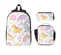 Ensemble de 3 sacs à dos dinosaures arc-en-ciel pour filles et garçons avec sac à déjeuner, trousse à crayons, sac d'école isotherme, cadeau pour homme et femme