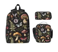 Ensemble de 3 sacs à dos en forme de champignon et papillon pour filles et garçons avec sac à déjeuner, trousse à crayons, fleurs de forêt, feuilles, boîte à déjeuner isotherme, cadeau pour homme et