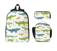 Ensemble de 3 sacs à dos en forme de crocodile mignon pour filles et garçons avec sac à déjeuner, trousse à crayons, libellule floral, sac d'école, boîte à déjeuner isotherme, cadeaux pour femmes et