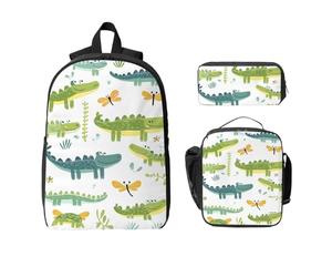 Ensemble de 3 sacs à dos en forme de crocodile mignon pour filles et garçons avec sac à déjeuner, trousse à crayons, libellule floral, sac d'école, boîte à déjeuner isotherme, cadeaux pour femmes et