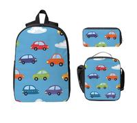 Ensemble de 3 sacs à dos en forme de nuage de voiture de dessin animé pour filles et garçons avec sac à déjeuner, trousse à crayons, taxi mignon, sac d'école, boîte à déjeuner isotherme, cadeaux pour