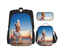 Ensemble de 3 sacs à dos Figure d'Inukshuk sur le littoral contre le coucher du soleil Cartable Voyage Camping Travail Sac d'école Trousse à crayons Sac à lunch Combinaison pour hommes femmes garçon