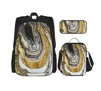 Ensemble de 3 sacs à dos Geode Stone Rock Minerals Gold Rock Gold And Black Fashion Rock Nature Book Bag Travel Camping Work School Bag Trousse à crayons Combinaison de sac à lunch pour hommes femme