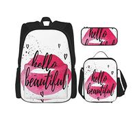 Ensemble de 3 sacs à dos Hello Lip Shape en aquarelle vibrante avec une phrase d'amour imprimée avec des coeurs Cartable Voyage Travail Sac d'école Trousse Sac à lunch Combinaison pour hommes femmes