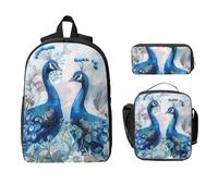 Ensemble de 3 sacs à dos isothermes et plumes de paon pour filles et garçons avec sac à déjeuner, trousse à crayons, sac d'école, boîte à déjeuner isotherme, cadeau pour homme et femme
