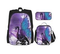Ensemble de 3 sacs à dos MedievalTheme Purple Dragon Magic Animals Book Bag Voyage Camping Travail Sac d'école Trousse à crayons Sac à lunch Combinaison pour hommes Femmes Garçons Filles Taille uniq