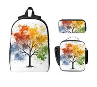 Ensemble de 3 sacs à dos motif arbre quatre saisons pour filles et garçons avec sac à déjeuner, trousse à crayons aquarelle, boîte à déjeuner isotherme, cadeaux pour femmes et hommes