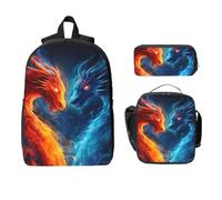 Ensemble de 3 sacs à dos motif dragon de feu abstrait pour filles et garçons avec sac à déjeuner, trousse à crayons, sac d'école, boîte à déjeuner isotherme, cadeau pour homme et femme