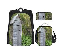 Ensemble de 3 sacs à dos Outhouse Vintage Farm Life Cottage Barn Shed In Forest Trees Leaves Sac de livre d'images Voyage Travail Sac d'école Trousse à crayons Sac à lunch Combinaison pour hommes fe