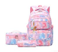 Ensemble de 3 sacs à dos pour filles avec sac à déjeuner pour enfants, cartable, cartables, 3 pièces - Rose étoilé, 3Pcs Backpack Set, Moderne