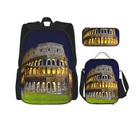 Ensemble de 3 sacs à dos Rome Colisée Célèbre Colonne Architecture Art Italie Ancien Empire Romain Symbole Prairie Lumière Nuit Scénique Livre Sac De Travail Sac D'école Trousse À Crayons Sac À Lunc