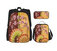 Ensemble de 3 sacs à dos Sakura Blooms avec des figures d'éventail japonais Sac de livre asiatique Voyage Camping Travail Sac d'école Trousse Sac à lunch Combinaison pour hommes femmes garçons fille