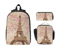 Ensemble de 3 sacs à dos vintage à fleurs de Paris pour filles et garçons avec sac à déjeuner, trousse à crayons, tour Eiffel, sac d'école, boîte à déjeuner isotherme, cadeau pour homme et femme