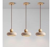Ensemble de 3 suspensions LED Rondes en travertin Jaune, Style Rustique crème, pour îlot de Cuisine ou Salle à Manger (Bois, 3 Modes, 15 cm).