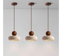 Ensemble de 3 suspensions LED Rondes en travertin Jaune, Style Rustique crème, pour îlot de Cuisine ou Salle à Manger (Noyer, 3 Modes, 15 cm).