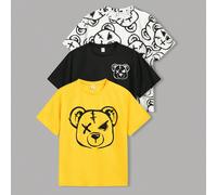 Ensemble De 3 T-shirt À Manches Courtes En Tricot Amples Et Imprimés De Motif D'ours Pour Garçons D'âge Moyen De Style Coréen, Un Dans Chaque Couleur 8Y,9Y,10Y,11Y,12YAnimal,Cartoon,PortraitTissu tric