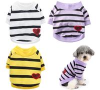 Ensemble de 3 t-shirts pour chien - T-shirt d'été à rayures - Motif cœur à paillettes - Sweat en coton doux pour animaux de compagnie - Vêtements à manches courtes pour petits animaux de compagnie