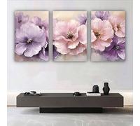 Ensemble de 3 tableaux muraux dynamiques motif floral impression sur toile à la texture douce œuvre d'art sur toile lilas affiche pétales pour la décoration (50 x 75 cm x 3 / cadre intérieur)