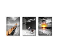 Ensemble de 3-Tableaux sur Toile Représentant un Lever de Soleil sur la Plage Paysages Abstraits en Noir et Blanc Images Modernes pour la Décoration de Bureau Salon et Maison-40*50cm (Non encadré)