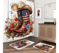 Ensemble de 3 tapis de bain antidérapants et lavables (40,6 x 61 et 50,8 x 81,3 cm), motif bottes de cowboy occidental, décoration de tapis de salle de bain motif floral américain, 183 x 183 cm
