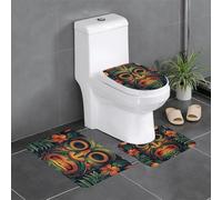 Ensemble de 3 tapis de bain, motif hawaïen Tiki, feuilles tribales et fleurs tropicales, tapis de bain antidérapant en flanelle 61 x 41 cm avec contour en forme de U et couvre-abattant de toilette.