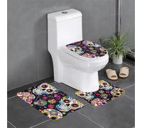 Ensemble de 3 tapis de bain, motif têtes de mort mexicaines, fleurs folkloriques et colorées, tapis de bain antidérapant en flanelle 61 x 41 cm avec contour en forme de U et housse de couvercle de toi