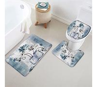 Ensemble de 3 Tapis de Salle de Bain,Fleur de Ferme Rustique Marguerite Bleue de Ferme Plante Papillon de Campagne Doux Couverture en U Lavable Couvercle pour Abattant WC pour WC