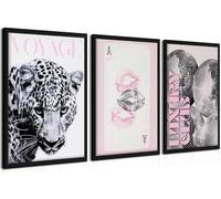Ensemble de 3 toiles de décoration murale tendance léopard rose sans cadre, peintures sur toile pour décoration de chambre de fille, affiches disco noires et blanches imprimées pour chambre, dortoir